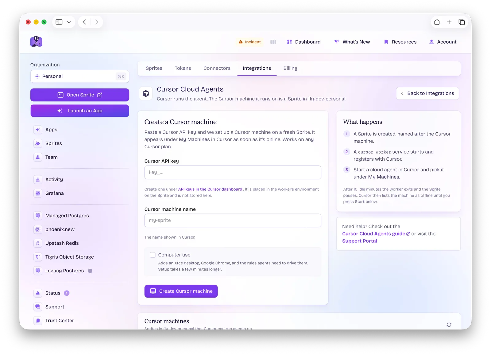 The Cursor Cloud Agents page in the Sprites dashboard, with the Create a Cursor machine form and the What happens steps